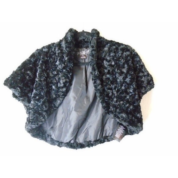 Jessica Howard Evenings Sz XL Black Faux Fur Shrug Wrap Crop Jacket Black w Slee - Picture 1 of 4